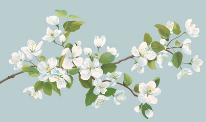 Fototapeta premium Cherry blossom flowers and green leaves on a teal background with a light blue background. Genetic algorithms