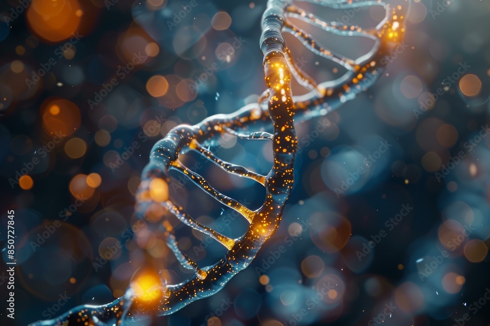 Aufkleber closeup 3d render of a glowing and illuminated dna strand with a blue background. showcasing the int
