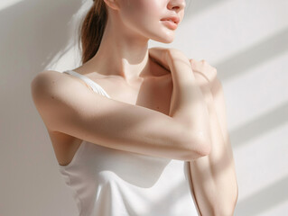 A studio portrait of a woman with bare shoulders, showcasing her natural beauty and healthy skin