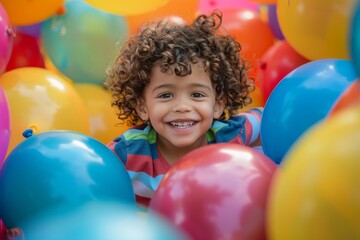 Obraz premium A close-up shot of a girl playing in a field of colorful balloons. Stock.