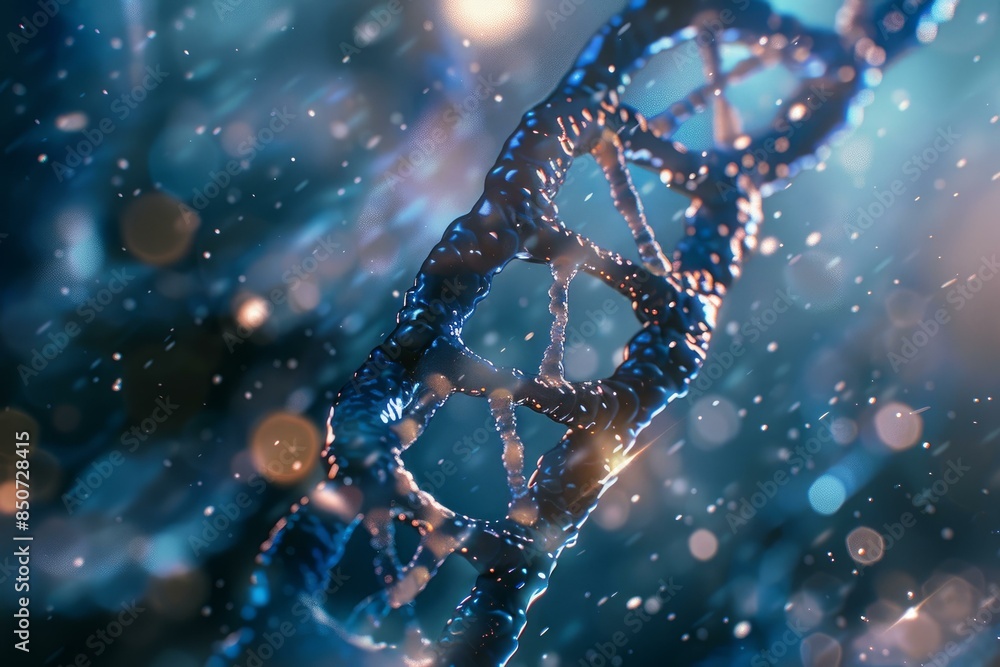 Aufkleber 3d render of a luminescent dna double helix with sparkling particles in a dreamy blue background