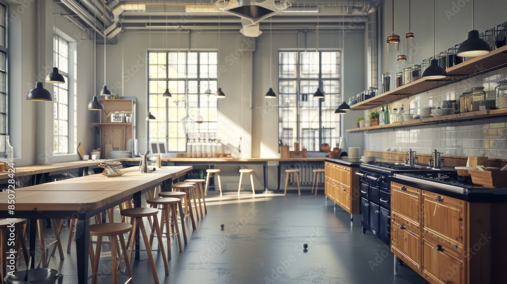 Wall mural A large open kitchen with a lot of counter space and a lot of light