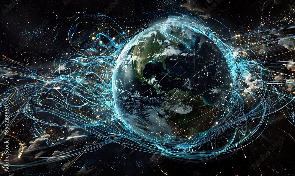 Poster a digital matrix of data streams swirling around the earth, illustrating the omnipresence of technol