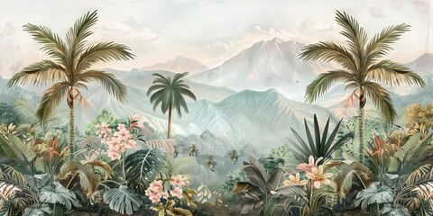 Tropical forest landscape wallpaper design - Mural wallpaper - 3D illustration. AI generated illustration