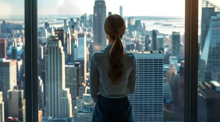 Plakat Rear view business professional woman gazes out corporate office window towards towering buildings