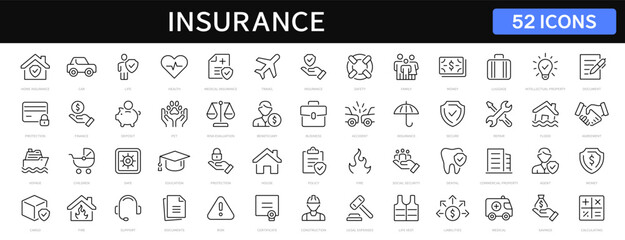 Insurance thin line icons set. Insurance editable stroke symbols collection. Life, car, house, care, money, pet insurance. Vector illustration