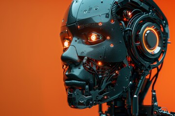 Fototapeta premium Robotic face on orange background, with text on AI technology. Industrial and futuristic aesthetic.