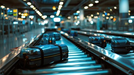 airport conveyor belt with suitcases wide angle lens