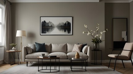 A small modern living room with fireplace and a single striking piece.generative.ai