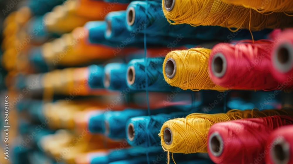 Poster selective focus on multicolored industrial yarn pulleys stacked in rows with shallow depth of field