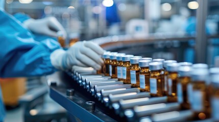 Fototapeta premium Pharmacist scientist with sanitary gloves examining medical vials on a production line conveyor belt in a pharmaceutical factory with Generative Ai