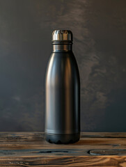 Black stainless steel water bottle on wooden surface.