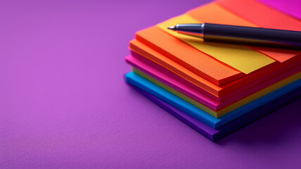 Fototapeta premium Stack of colorful sticky notes with a pen on a purple background.
