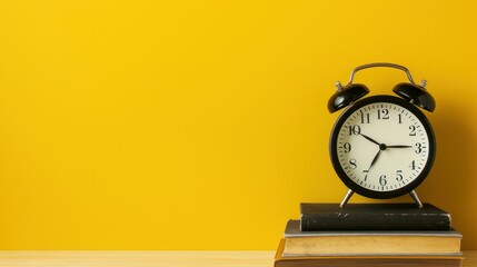 Black alarm clock and books on table against yellow background with copy space for text.