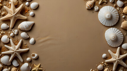A sandy background adorned with sea shells providing ample room for a copy space image. Top views background Ai generative.