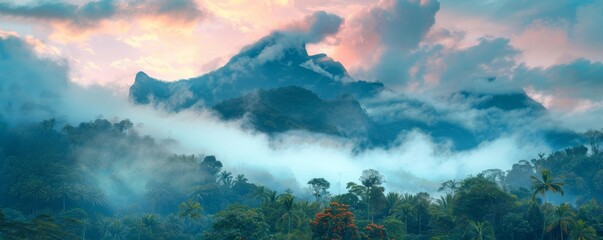 Enigmatic mountain enveloped in clouds, surrounded by lush banana trees. Colors of blush rose, fuchsia, cobalt, and brown.