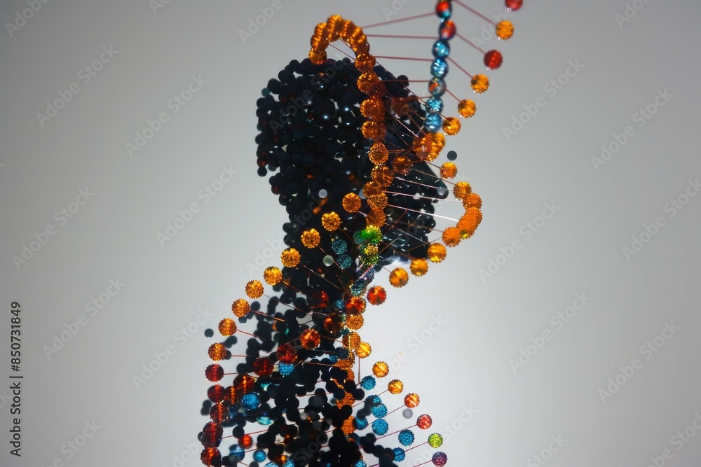 Poster creative representation of a dna double helix made with colorful beads and wires, isolated on a ligh