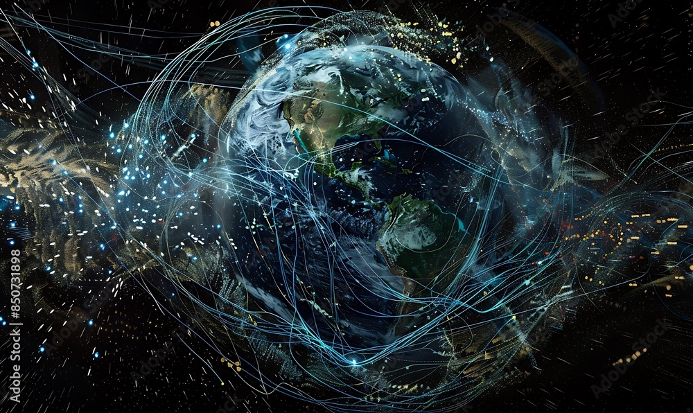 Poster a digital matrix of data streams swirling around the earth, illustrating the omnipresence of technol