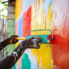 Fototapeta premium Person painting a colorful mural with a roller brush, showing creativity and vibrant colors in street art.