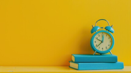 Blue alarm clock and books on table against yellow background with copy space for text.