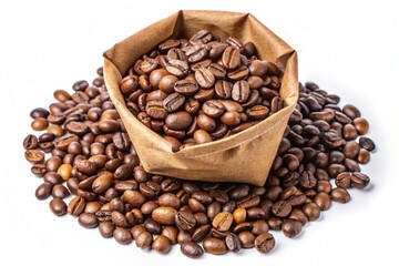 Fototapeta premium Roasted coffee beans in bag and coffee beans around. Brown paper bag ion a white background