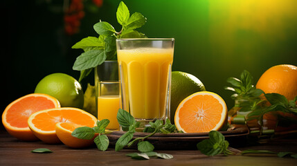 A glass of orange juice with lime and mint leaves on the side