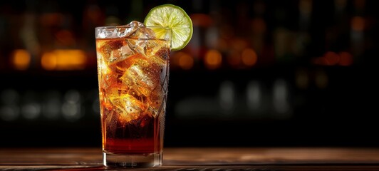 Food photography of Fresh Cocktail Dark N Stormy with dark background side view texture. Dark N Stormy Cocktail in restaurant postcard image texture banner postcard horizontal.