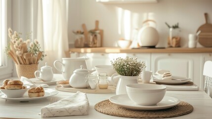 Clean dishes, dry spikes and fresh pastries on table in stylish dining room wide angle lens