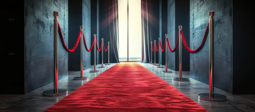 Hallway with red carpet and dark blue walls with door background