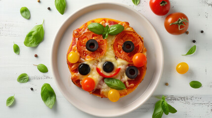 Kids mini pizza with tomatoes, mozzarella cheese and olives. Top view.