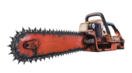 Closeup of red chainsaw isolated on transparent background. Industry cutting tool or machine with sharp blades, power engine motor