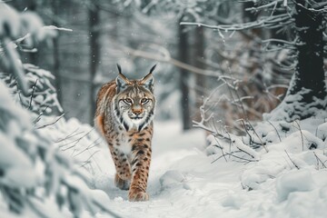 Obraz premium Wild life scene from nature. Eurasian lynx in winter forest.