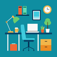 Office interior design with table, chair, laptop, monitor, books and document folder  vector illustration. 