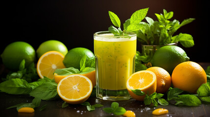 A glass of orange juice with lime and mint leaves on the side