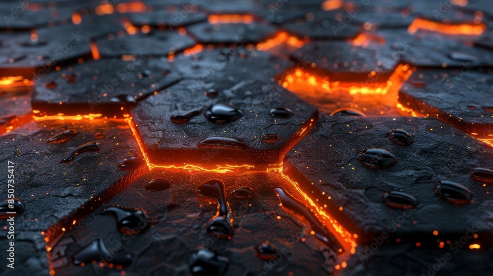 Poster an illustration of a hexagonal tech pattern infused with water drops and a fiery glow, symbolizing e
