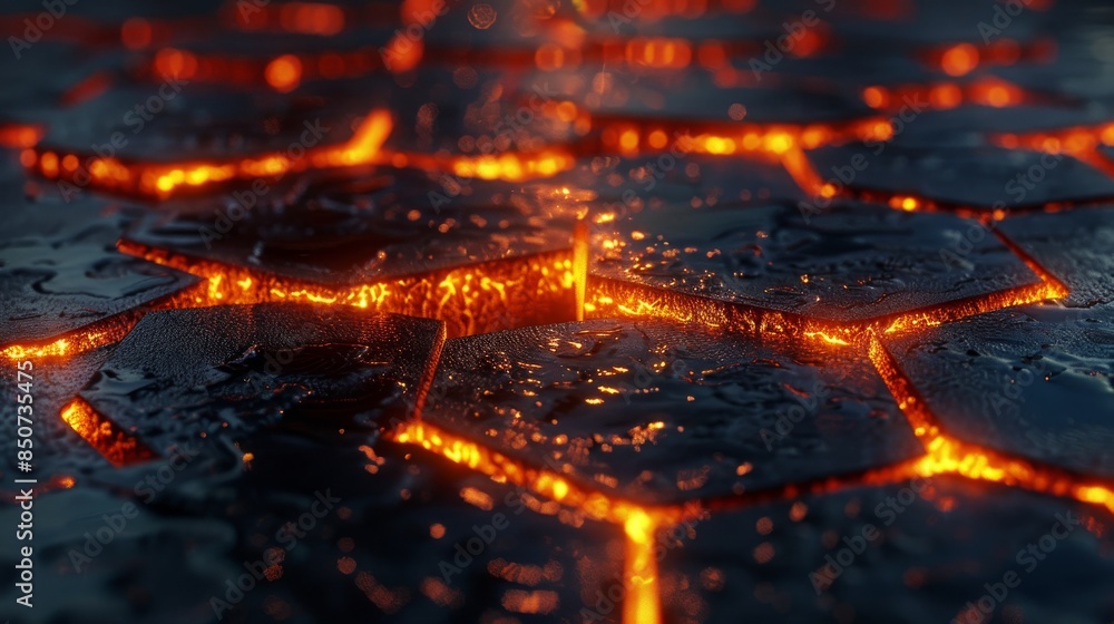 Poster a macro shot of a hexagonal tech pattern with a fiery glow and water drops, illustrating fusion and 