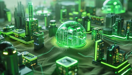 Obraz premium Futuristic cityscape with glowing green buildings and domes showcasing advanced technology and innovative urban development concepts.