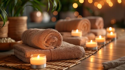 A spa setting with rolled towels and aromatic candles, creating a calming atmosphere.