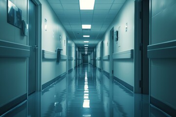 Obraz premium Quiet, illuminated corridor inside a hospital with a sleek, reflective floor