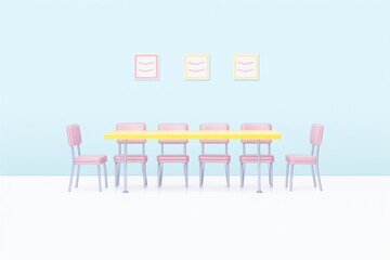 Minimalistic pastel dining room with a yellow table, pink chairs, and light blue walls featuring three framed art pieces.
