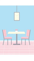 Minimalistic dining table setup with two pink chairs and a light blue background, ideal for modern interior design inspirations.