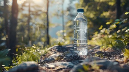 Fresh Mineral Water Bottle on a Mountain Trail in Natural Lighting