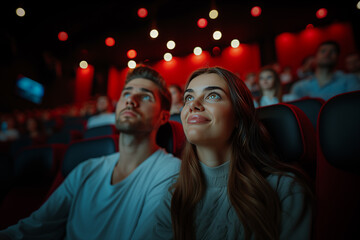 A couple in the cinema. Young attractive woman and man on a date watching a movie.