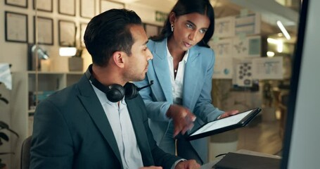 Businessman, consultant and colleague with tablet at night in call center for coaching, results or tips at office. Man, agent or employee working late with headphones or coworker for customer service
