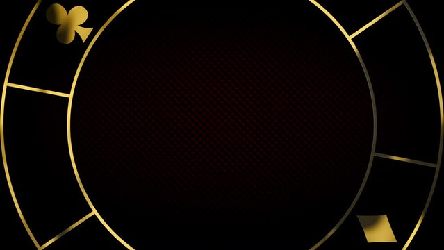 Luxury gold poker chip title border background. Black abstract text banner. Blank vip backdrop with golden frame and poker card suits. Copy space for grand casino royal logo or title text