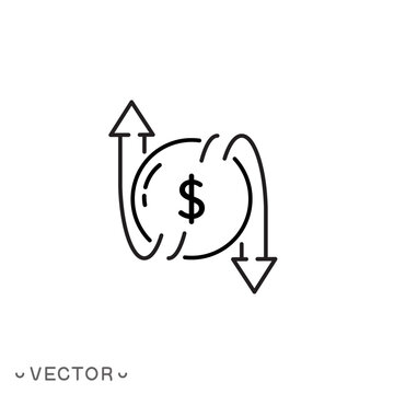 costs reduce or increase icon, risk analysis, benefit dollar concept, arrow save price, salary, thin line symbol isolated on white background, editable stroke eps 10 vector illustration