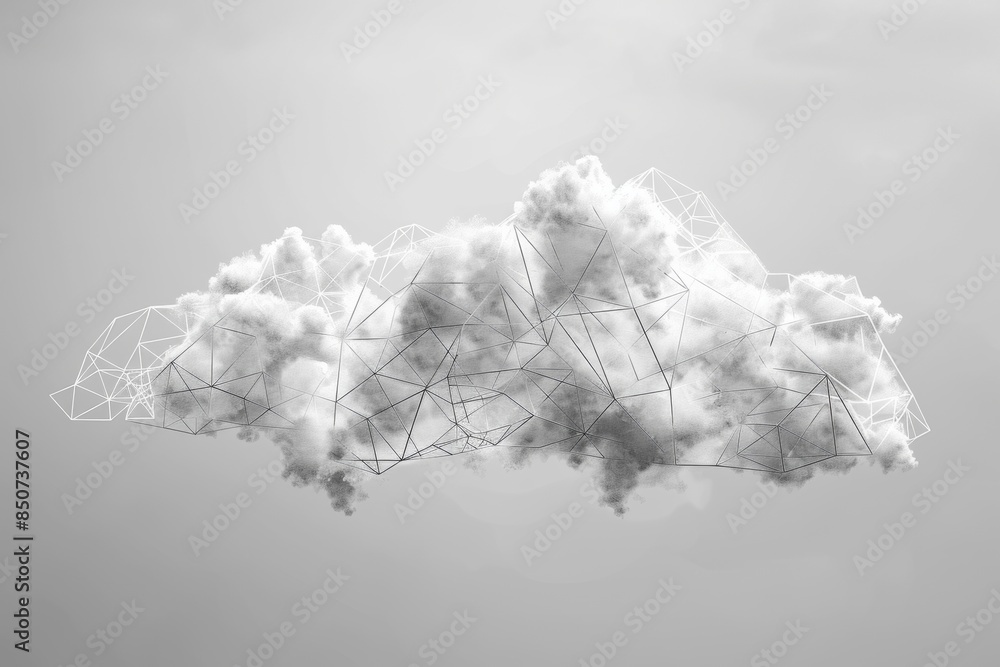 Poster a geometric cloud built from triangular wireframe elements, emphasizing its structured and modular n