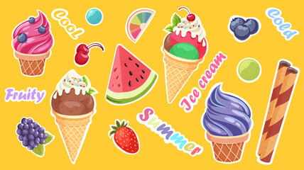 Set of bright summer stickers ice cream, fruits. Stickers for print, web design or messenger. Vector graphics.