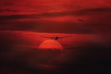 Obraz premium A lone drone flying against a backdrop of a blood-red sunset symbolizing the desolation of war