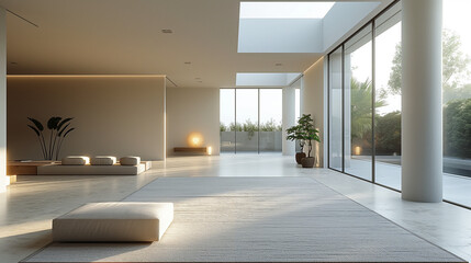 Fototapeta premium Modern minimalist living room, only carpet, no extra ornaments and furniture, minimalist style, the floor is quite empty, gentle feeling, master cameraman, white color and simple style, master cameram